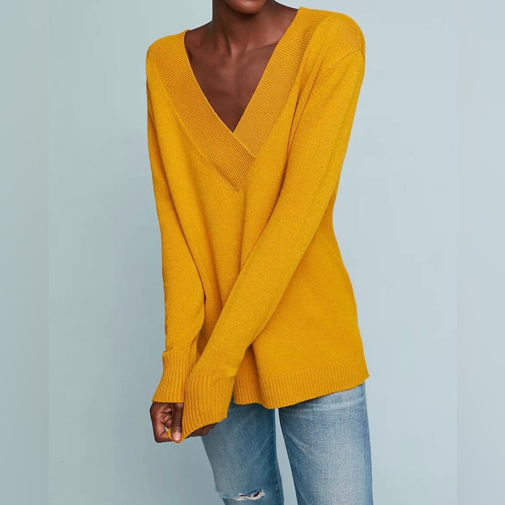 Anthropologie Galazia Tunic Sweater XS‎ Gold V-Neck Knit